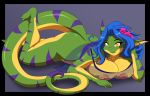 anthro blue_hair breasts chalo chalodillo chalosan curvy_figure cute_fangs female flower_in_hair furry gecko geecku green_body huge_breasts las_lindas las_lindas_(series) lizard multicolored_body non-mammal_breasts reptile scalie see-through_clothes striped_body stripes thick_tail webcomic webcomic_character yellow_body yellow_eyes