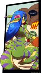 1girl anthro anthro_only big_breasts blue_hair breasts chalo chalodillo chalosan curvy_figure cute_fangs eating eating_food female female_only flower_in_hair food furry gecko geecku green_body las_lindas las_lindas_(series) lizard multicolored_body non-mammal_breasts reptile scalie striped_body stripes thick_tail topless_female webcomic webcomic_character yellow_body yellow_eyes