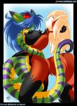 2girls anthro blue_hair breasts chalo chalodillo chalosan character_request curvy_figure cute_fangs female flower_in_hair furry gecko geecku green_body huge_breasts las_lindas las_lindas_(series) lizard multicolored_body non-mammal_breasts reptile scalie scalie_milf striped_body stripes thick_tail webcomic webcomic_character yellow_body yellow_eyes