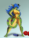 1girl anthro anthro_only blue_hair bodily_fluids breasts chalo chalodillo chalosan curvy_figure cute_fangs dildo female female_only flower_in_hair furry gecko geecku gradient_background green_body las_lindas las_lindas_(series) lizard multicolored_body non-mammal_breasts pussy pussy_juice reptile scalie sex_toy simple_background standing striped_body stripes thick_tail topless_female webcomic webcomic_character yellow_body yellow_eyes