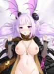 1girl alternative_bust_size arknights big_breasts black_dress black_jacket blue_nails blush breasts clothing dakimakura_(medium) dress groin hands_up head_wings high_resolution infection_monitor_(arknights) jacket jewelry lying manticore_(arknights) manticore_(invisible_dirge)_(arknights) multicolored_hair nail_polish naked_jacket navel necklace official_alternate_costume on_back open_clothes open_jacket open_mouth pointed_ears purple_hair see-through see-through_sleeves simple_background streaked_hair text_on_clothes tied_hair twin_tails white_background wristband xooku