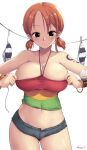  1girl 1girl 1girl adjusting_clothes bare_arms barely_contained big_breasts big_breasts blush booty_shorts breasts cleavage clothed_female curvy female_focus female_only gigantic_breasts jean_shorts kasai_shin light-skinned_female light_skin mature mature_female midriff nami navel one_piece one_piece_film_strong_world orange_hair pre-timeskip pre_timeskip short_hair short_shorts shorts slim_waist solo_female solo_focus tagme tank_top thighs twin_tails 