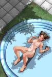 1girl bandaid_on_pussy blush breasts brown_eyes brown_hair chronometer covered_pussy female female_only foxeye_(artist) human in_the_aquarium:_sinking_with_kana inflatable_pool kana_(in_the_aquarium:_sinking_with_kana) medium_breasts mostly_nude navel nipples on_back outside pool pussy_pasty solo_female solo_focus tan tan_line tan_skin wading_pool wet wet_body