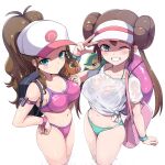  1:1 2020 2020s 2_girls armband backpack bag baseball_cap bent_wrist big_breasts bikini blue_bikini blue_eyes breast_size_difference breasts brown_hair cleavage clothing double_bun female_focus female_only grin hand_on_hip hat hilda_(pokemon) human innertube kasai_shin long_hair long_ponytail long_twintails looking_at_viewer medium_breasts nintendo one_eye_closed pink_bikini pokemon pokemon_(species) pokemon_bw pokemon_bw2 ponytail rosa_(pokemon) see-through see-through_clothing shirt simple_background smile snivy standing swimsuit tagme teen teeth tepig tied_hair tied_shirt tomboy twin_tails video_game_character video_game_franchise visor_cap wavy_hair wet wet_clothes wet_shirt white_background wink wristband wristwear 