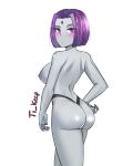  1girl ass big_ass blush breast dat_ass dc_comics grey_skin looking_at_viewer looking_back nipple purple_eyes purple_hair raven_(dc) short_hair sideboob simple_background standing tagme teen_titans thong ti_keep topless white_background 