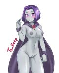  1girl big_breasts blush breasts cloak dc_comics grey_skin looking_at_viewer mostly_nude navel nipples purple_eyes purple_hair pussy raven_(dc) short_hair simple_background standing teen teen_titans ti_keep white_background 