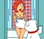  1_anthro 1_female 1_girl 1_human anthro bathroom breasts brian_griffin canine collar dog duo earring exposed_breasts family_guy female female_human hair human indoors lois_griffin looking_at_each_other nude pubic_hair pussy pussy_hair red_hair shower standing surprised towel wet yaroze33_(artist) 