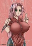  1girl arm bare_shoulders belly big_breasts breasts bust busty clothes elbow eyebrows eyelashes female fingers forehead_protector girl green_eyes hair hand_sign hands headband hips huge_breasts kunai kunoichi long_hair naruto neck ninja nipple pink_background pink_hair sakura_haruno shoulders solo spiky_hair stomach thighs throat viperactor_(artist) young 