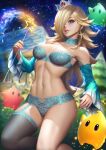  1girl alluring alternate_version_available big_breasts blue_eyes choker crown golden_hair hair_over_one_eye lingerie looking_at_viewer luma mario_(series) neoartcore nintendo nudtawut_thongmai princess_rosalina slim_waist stockings super_mario_bros. thick_thighs wand wide_hips 