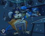 1boy 1girl 2020 anthro asphyxiation blue_hair bondage breath_holding breathplay bubble carmelita_fox chair drowning fox furry glass gloves grey_fur hat interrogation male nipples nude orange_fur police_badge puffed_cheeks raccoon rope scuba sly_cooper sly_cooper_(series) smooth_fur sony_corporation sony_interactive_entertainment sucker_punch_productions table thearashi underwater water watermark