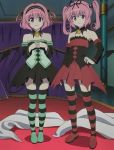  2_girls 2girls anime bare_shoulders brooch capelet carpet detached_sleeves dress female hair_ribbon hairband hand_on_hip hands_clasped hands_together happy hips indoors jewelry long_hair looking_at_viewer momo_velia_deviluke multiple_girls nana_asta_deviluke pink_hair purple_eyes ribbon serious shoes short_hair short_twintails siblings sisters smile standing strapless strapless_dress striped striped_legwear tail thighhighs to_love-ru twins twintails 