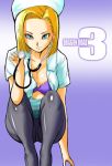 android_18 big_breasts cleavage doujin_cover doujinshi dragon_ball_z dragon_road_3 looking_at_viewer nurse_uniform purple_bra shirt_open stethoscope