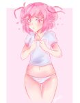  1girl 1girl 1girl 2018 absurd_res artist_name bare_arms blush bra bra_strap breasts cat_print clothing doki_doki_literature_club female_only fingers_together hairclip heart high_res looking_away matching_hair/eyes natsuki_(doki_doki_literature_club) navel no_pants octoplus open_mouth panties pink_background pink_eyes pink_hair shirt short_hair short_twintails signature simple_background small_breasts standing thighs tied_hair twin_tails underwear white_border white_panties 