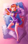  breasts cleavage collar daphne_blake dress hairband leash missholly_(artist) non-nude pillow red_hair scarf scooby-doo shoes solo stockings 