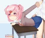  1boy 1girl ahe_gao ahegao ambiguous_penetration animated arm_behind_back arm_grab arm_held_back arm_support artist_name ass bent_over bent_over_table blush bottomless clothed_sex consensual doggy_position doki_doki_literature_club duo enjoying eroneko eyebrows_visible_through_hair female_focus from_behind from_behind_position gif hair_ornament hair_ribbon hairclip happy happy_sex heart light-skinned_female light_skin long_sleeves looking_at_another looking_back looking_pleasured loop looping_animation male male/female natsuki_(doki_doki_literature_club) no_panties nopan open_mouth panties panties_around_legs panties_down panty_pull patreon patreon_username penetration petite pink_eyes pink_hair pleasure_face pleated_skirt school_uniform sex short_hair short_twintails skirt smile standing table twin_tails web_address white_shirt 