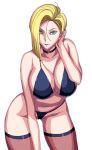  adjusting_hair android_18 blonde_hair blue_eyes dragon_ball_z game_cg hanging_breasts ichijiku large_breasts lingerie 