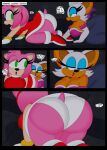 2girls 3barts amy_rose big_breasts boots clothed clothing comic crawling dat_ass dialogue dress female female_only furry gloves green_eyes half-closed_eyes huge_breasts lipstick looking_at_another looking_back panels panties rouge_the_bat sega simple_background smile sonic_the_hedgehog_(series) speech_bubble tagme tail upskirt white_panties