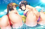  3_girls ass_focus beach embarrassed high_resolution looking_at_viewer looking_back micro_bikini open_mouth partially_visible_anus partially_visible_vulva presenting purple_bikini purple_eyes red_bikini thong wet_clothes 
