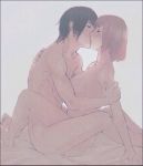  1girl ayato_kirishima bed_sheets black_hair breasts brown_hair grin hand_on_back hands_on_shoulders hinami_fueguchi kissing kissing legs_together male nude nude_female nude_male sex sex_on_bed tokyo_ghoul tokyo_ghoul:re 