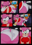 2girls 3barts amy_rose annoyed big_breasts big_thighs blush boots breasts clothed clothing comic dat_ass dialogue disembodied_hand embarrassed english_text furry gloves green_eyes hand_on_ass hand_on_tail huge_breasts huge_thighs on_knees panties panty_pull red_dress rouge_the_bat sega simple_background smile sonic_the_hedgehog_(series) speech_bubble tagme tail tail_fetish text thighs upskirt