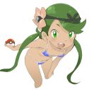 1girl :o bent_over bikini blue_bikini blush breasts cleavage creatures_(company) dark-skinned_female dark_skin flower game_freak green_eyes green_hair hair_flower hair_ornament hand_on_own_knee happy hips holding_poke_ball humans_of_pokemon leaning_forward legs looking_at_viewer mallow_(pokemon) mao_(pokemon) navel nintendo ookamiuo open_mouth poke_ball pokeball pokemon pokemon_(anime) pokemon_(game) pokemon_sm pokemon_sun_&amp;_moon ponytail simple_background small_breasts solo stomach swimsuit teeth trial_captain twintails twitter white_background