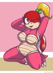  anthro blonde_hair breasts claws doncorneo female hair kneel koopa looking_at_viewer mario_bros nintendo nude one_eye_closed pom_pom_(mario_bros) ponytail pose pussy reptile scalie shell smile solo video_games wink 