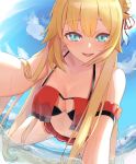  1girl 1girl :d akai_haato all_fours aqua_eyes bangs bare_shoulders beach big_breasts bikini blonde blush breasts day eyebrows_visible_through_hair hair_ornament hair_ribbon high_resolution hitachi_sou hololive long_hair looking_at_viewer one_side_up open_mouth outside red_bikini red_ribbon ribbon smile swimsuit very_long_hair virtual_youtuber 