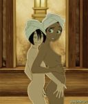  2_girls 2girls anaxus avatar:_the_last_airbender fingering from_behind katara multiple_girls naked_towel small_breasts smile toph_bei_fong towel towel_on_head yuri 