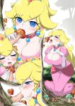  1girl big_breasts blonde_hair blue_eyes breasts cheek_bulge clothed clothing dress earrings erect_nipples erect_nipples_under_clothes fellatio fellatio_face forest grass huge_breasts long_hair mario_(series) mushroom nanahone necklace nintendo open_mouth pink_dress pink_lips pink_lipstick princess_peach shiny_breasts shiny_hair shiny_skin sucking super_mario_bros. tongue tongue_out yellow_hair 