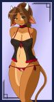 animal anthro areolae big_breasts border breasts clara_(cainesart) clothing crotchless_clothing cute eyes female fur furry green_eyes hair horns large_breasts long_hair looking_at_viewer mammal original original_character presenting pussy solo standing