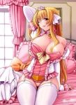  1girl bed bedroom big_breasts blonde_hair blush breasts brown_eyes collar crown curtain curvy elbow_gloves female gloves lingerie long_hair looking_at_viewer pillow pose princess_peach sitting smile solo thighhighs window wink 