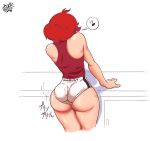  1girl ass big_ass buttholemagick huge_ass red_hair romana_(buttholemagick) round_ass short_hair standing tank_top thick_thighs tight_clothing tight_shorts 