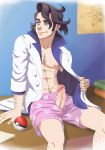  1boy black_hair blue_eyes boxers clothed erection facial_hair hair huge_penis large_penis male male_focus manly muscle muscular penis platane_(pokemon) poke_ball pokemon pubic_hair smile smirk solo thighs unbuttoned_shirt uncensored underwear veins veiny_penis 