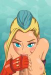 1boy 1girl animated big_breasts blonde_hair breasts cammy_white erect_nipples erect_penis fellatio female gif gloves hair horny_female human humanoid_penis kneel looking_at_viewer male nude nude_female oral oral_sex outside street_fighter sucking
