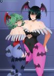  2_girls 2girls alternate_costume ass big_ass big_breasts blush breasts clothed cosplay embarrassed female fubuki_(one-punch_man) green_hair impossible_clothes looking_at_viewer morrigan_aensland one-punch_man short_hair tatsumaki tatsumaki_(one-punch_man) vampire_(game) 