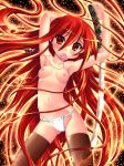 1girl alastor_(shakugan_no_shana) condom condom_in_mouth condom_wrapper fundoshi hase_yu jewelry long_hair mouth_hold nipples pendant red_eyes red_hair shakugan_no_shana shana solo sword thighhighs topless weapon