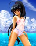 1girl ahoge black_hair blush breasts cloud hand_on_thigh head_tilt long_hair looking_at_viewer nipples ocean one-piece_tan outdoors panties panties_only parted_lips ponytail red_eyes ribs see-through shakugan_no_shana shana shiny shiny_skin small_breasts solo spread_legs standing tan tanline topless underwear underwear_only very_long_hair wet wet_clothes white_panties zz-r 