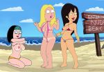 3girls american_dad areola areolae beach bikini breasts cameltoe cloud clouds day francine_smith frost969 g-string gwen_ling hayley_smith irj_edit jrc_(artist) navel nipples nude_beach nudists ocean sandy sky sling_bikini string_bikini tan_line third-party_edit toes topless undressing waves yuri