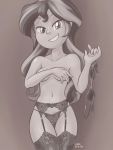  1girl bra_removed covering_breasts equestria_girls female female_only friendship_is_magic garter_belt holding_bra long_hair looking_at_viewer mostly_nude my_little_pony panties shax solo standing stockings sunset_shimmer sunset_shimmer_(eg) topless 