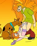  1girl 2boys anal anal_penetration anal_sex ass beastiality breasts cum cum_in_ass cum_in_pussy cum_on_breasts cum_on_face cum_on_hair daphne_blake dog female_human hairband male_dog male_human penis_in_ass pussy red_hair scooby scooby-doo shaggy stockings threesome 