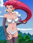  1girl big_breasts blue_eyes bra breasts earrings female female_human female_only game_freak gloves hairless_pussy holding_poke_ball humans_of_pokemon jessie_(pokemon) long_hair looking_at_viewer mostly_nude musashi_(pokemon) nintendo outdoor outside panties pink_hair pokeball pokemon pokemon_(anime) pokemon_(game) pussy shablagooo solo standing stockings team_rocket white_bra white_panties 
