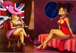 amy_wong bed black_hair breasts british_flag chair cleavage collarbone crossed_legs dress earring fernando_faria_(artist) flag futurama hat high_heels jewelry legs muffin pink_dress red_dress seated sexy_breasts thighs union_jack