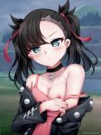  1girl areolae bare_shoulders black_choker black_hair chrisandita closed_mouth cloudy_sky dress_lift earrings embarrassed exhibitionism female female_human female_only green_eyes high_resolution human looking_at_viewer marnie_(pokemon) no_bra one_breast_out_of_clothes pink_dress pokemon pokemon_sword_&amp;_shield small_breasts solo 