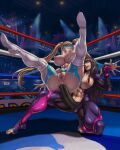  1girl 2_girls abs anus areola big_breasts big_breasts blonde_hair bodysuit boots breasts brown_hair female_only hair hourglass_figure juri_han long looking_at_another muscle muscular muscular_female nipples one_eye_closed open_mouth pussy pussy rainbow_mika spread_legs street_fighter tied_hair twin_tails wrestler wrestling_boots wrestling_outfit xxoom 