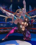  1girl 2_girls abs anus areola big_breasts big_breasts blonde_hair bodysuit boots breasts brown_hair female_only hair hourglass_figure juri_han long looking_at_another muscle muscular muscular_female nipples one_eye_closed open_mouth pussy pussy rainbow_mika spread_legs street_fighter tied_hair twin_tails wrestler wrestling_boots wrestling_outfit xxoom 