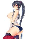  1girl 1girl 1girl areola ass asymmetrical_legwear bare_shoulders big_breasts black_hair blue_panties blue_underwear breasts breasts_out_of_clothes female_only female_solo gloves hagirussia_(sanyanyanya) hair_between_eyes ichinomiya_(blantte) in_profile kantai_collection lingerie long_hair looking_at_viewer medium_breasts nipples nude_filter open_clothes open_shirt panties partially_undressed ponytail posterior_cleavage red_eyes shiny shiny_hair shirt simple_background thighs third-party_edit tied_hair underwear white_background white_gloves yahagi_(kantai_collection) 