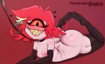  1_eye 1girl 1girl ass big_ass blush breasts cyclops demon demon_humanoid dialogue fangs hair hazbin_hotel high_res humanoid mostly_nude niffty_(hazbin_hotel) nipples open_mouth open_smile red_hair simple_background small_breasts smile spageta teeth thick_thighs vivienne_medrano vivziepop white_body 