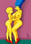  ass blue_hair erect_nipples high_heels holding_breast huge_breasts incest lisa_simpson marge_simpson mluv_(artist) mother_&amp;_daughter nude the_simpsons thighs yellow_skin 