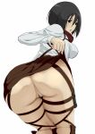  1girl anus artist_request ass attack_on_titan bent_over big_ass black_eyes black_hair bottomless breasts dangorou_(yushi-art) female looking_at_viewer looking_back mikasa_ackerman no_panties parted_lips pubic_hair pussy scarf shingeki_no_kyojin short_hair simple_background skirt_lift smile solo strap straps thick_thighs thigh_strap uncensored white_background 