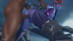 1boy 1girl ahegao anal_penetration bewyx big_black_cock big_breasts blue_hair bouncing_ass bouncing_breasts brown_eyes bubble_butt doggy_position from_behind hand_grab interracial moaning overwatch rough_sex thick_thighs widowmaker widowmaker_(overwatch)
